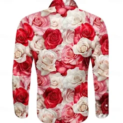 Online OUKU Kentucky Derby Men's Rose Floral Print Flowers Satin Shirt Dress Shirt Button Up Shirt Long Sleeve Fashion Casual Wedding Vacation Evening Party Summer Spring Turndown Collared Shirts 3D Print Funny Pink