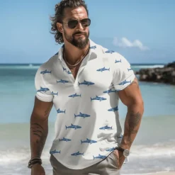 Online OUKU Kentucky Derby Men's Shark Hawaiian Polo Shirts Golf Shirt Short Sleeve Polo Shirts Collared Shirts Casual Beach Wear Vacation Wear Tropical Wear Party Outfits Buttons 3D Print Spring & Summer Yellow