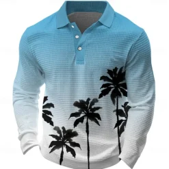 Outlet OUKU Kentucky Derby Men's Tropical Flowers Waffle Polo Shirts Long Sleeve Polo Shirts Collared Shirts Casual Resort Hawaiian Buttons Red Blue Orange