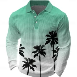 Outlet OUKU Kentucky Derby Men's Tropical Flowers Waffle Polo Shirts Long Sleeve Polo Shirts Collared Shirts Casual Resort Hawaiian Buttons Red Blue Orange