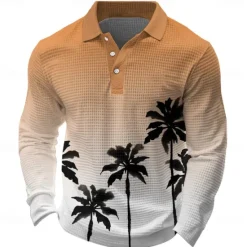 Outlet OUKU Kentucky Derby Men's Tropical Flowers Waffle Polo Shirts Long Sleeve Polo Shirts Collared Shirts Casual Resort Hawaiian Buttons Red Blue Orange