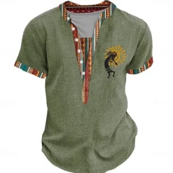 Discount OUKU Kokopelli Spiral Design Tribal Bandana Print Designer Ethnic Men's 3D Print Tee Henley Shirt Casual Daily Holiday T shirt Green Khaki Short Sleeve Henley Shirt Summer Spring Clothing Apparel S-3XL