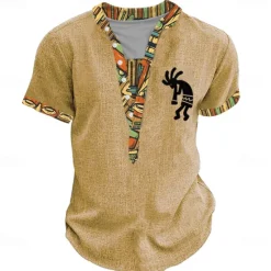 Online OUKU Kokopelli Tribal Bandana Print Men's Ethnic 3D Print T shirt Tee Henley Shirt Casual Daily Holiday T shirt Yellow Green Khaki Short Sleeve Henley Shirt Summer Spring Clothing Apparel S M L XL XXL 3XL