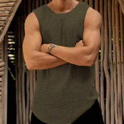 Outlet OUKU Male Camis Sleeveless Scoop Neck Summer Solid / Plain Color Yellow Dark Green Khaki Top Tee for Men