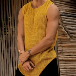 Outlet OUKU Male Camis Sleeveless Scoop Neck Summer Solid / Plain Color Yellow Dark Green Khaki Top Tee for Men
