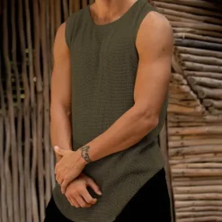 Outlet OUKU Male Camis Sleeveless Scoop Neck Summer Solid / Plain Color Yellow Dark Green Khaki Top Tee for Men