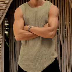 Outlet OUKU Male Camis Sleeveless Scoop Neck Summer Solid / Plain Color Yellow Dark Green Khaki Top Tee for Men