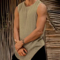 Outlet OUKU Male Camis Sleeveless Scoop Neck Summer Solid / Plain Color Yellow Dark Green Khaki Top Tee for Men