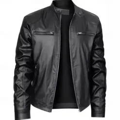 Outlet OUKU Male Faux Leather Jacket Transition Jacket Biker Jacket Casual Daily Travel Pocket All Seasons Solid / Plain Color Leisure Sweet Standing Collar Regular Black Royal Blue Brown Khaki Jacket