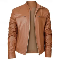Outlet OUKU Male Faux Leather Jacket Transition Jacket Biker Jacket Casual Daily Travel Pocket All Seasons Solid / Plain Color Leisure Sweet Standing Collar Regular Black Royal Blue Brown Khaki Jacket