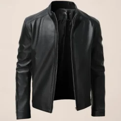 Sale OUKU Male Faux Leather Jacket Transition Jacket Casual Daily Zipper All Seasons Pure Color Outdoor Standing Collar Faux Leather Jacket Black