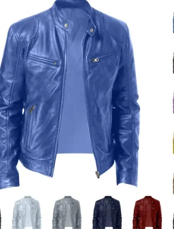 Discount OUKU Male Faux Leather Jacket Transition Jacket Biker Jacket Outdoor clothing Casual Daily Windproof Buttons Fall & Winter Zipper Casual Crew Neck Regular Faux Leather Silver Golden Black White Yellow