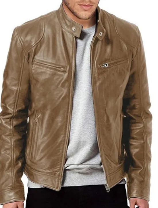 Discount OUKU Male Faux Leather Jacket Transition Jacket Biker Jacket Outdoor clothing Casual Daily Windproof Buttons Fall & Winter Zipper Casual Crew Neck Regular Faux Leather Silver Golden Black White Yellow