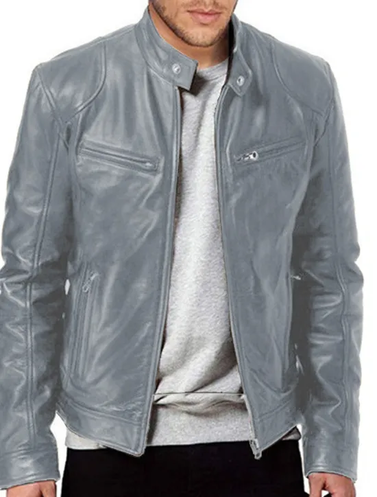 Discount OUKU Male Faux Leather Jacket Transition Jacket Biker Jacket Outdoor clothing Casual Daily Windproof Buttons Fall & Winter Zipper Casual Crew Neck Regular Faux Leather Silver Golden Black White Yellow