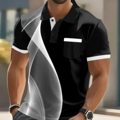 Best OUKU Male Geometic Line Polo Short Sleeve Turndown Business Sports & Outdoor Athleisure Casual Daily Buttons Pocket Summer Lake blue Robin's Egg Blue Grey