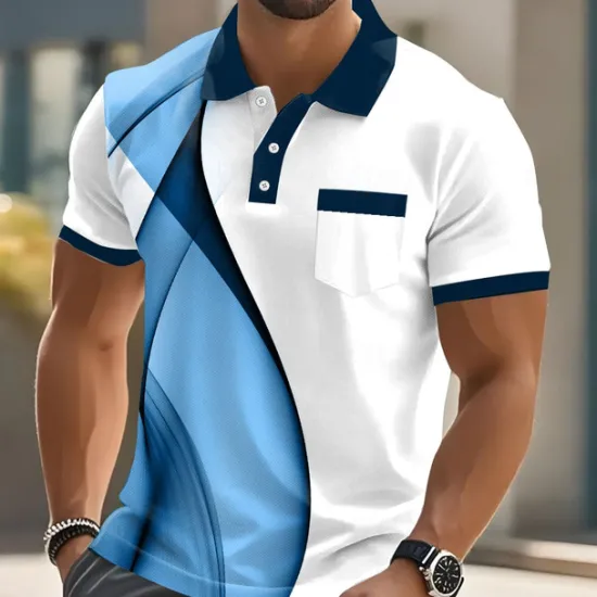 Best OUKU Male Geometic Line Polo Short Sleeve Turndown Business Sports & Outdoor Athleisure Casual Daily Buttons Pocket Summer Lake blue Robin's Egg Blue Grey