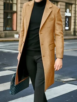 Best OUKU Male Overcoat Coat Trench Coat Daily Wear Buckle Fall & Winter Solid / Plain Color Leisure Lapel Long Camel Black Gray Jacket