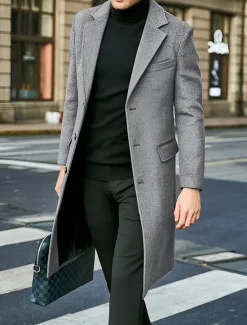 Best OUKU Male Overcoat Coat Trench Coat Daily Wear Buckle Fall & Winter Solid / Plain Color Leisure Lapel Long Camel Black Gray Jacket