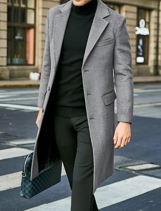 Best OUKU Male Overcoat Coat Trench Coat Daily Wear Buckle Fall & Winter Solid / Plain Color Leisure Lapel Long Camel Black Gray Jacket
