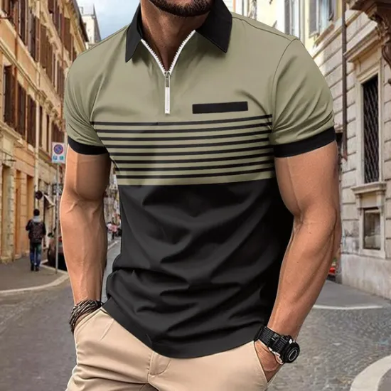 Outlet OUKU Male Polo Shirt Knit Polo Casual Date Lapel Short Sleeves Fashion Plaid / Striped / Chevron / Round Printing Knitting Summer Dry-Fit White Pink Red Orange Green Apricot Polo Shirt
