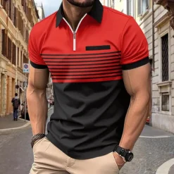 Outlet OUKU Male Polo Shirt Knit Polo Casual Date Lapel Short Sleeves Fashion Plaid / Striped / Chevron / Round Printing Knitting Summer Dry-Fit White Pink Red Orange Green Apricot Polo Shirt