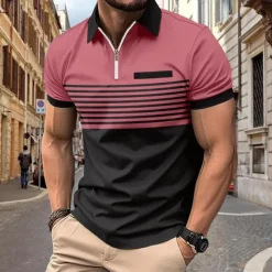 Outlet OUKU Male Polo Shirt Knit Polo Casual Date Lapel Short Sleeves Fashion Plaid / Striped / Chevron / Round Printing Knitting Summer Dry-Fit White Pink Red Orange Green Apricot Polo Shirt