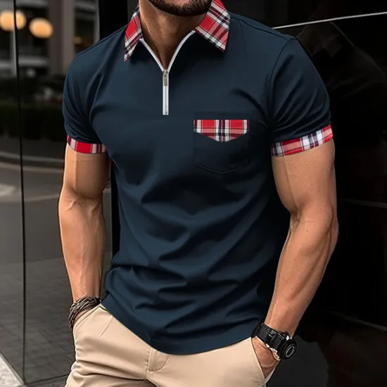 Sale OUKU Male Polo Shirt Knit Polo Casual Date Lapel Short Sleeves Fashion Plaid / Striped / Chevron / Round Solid / Plain Color Knitting Summer Dry-Fit Black White Pink Wine Dark Navy Sky Blue Polo Shirt