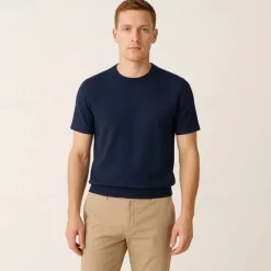 New OUKU Male Silk Cotton Lyocell Blend T-Shirt Short Sleeve Crew Neck Summer Plain Jacquard Elegant Classic Crewneck Minimalist Vacation Home Cotton Black Blue Navy Blue Top Tee for Men