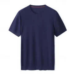 New OUKU Male Silk Cotton Lyocell Blend T-Shirt Short Sleeve Crew Neck Summer Plain Jacquard Elegant Classic Crewneck Minimalist Vacation Home Cotton Black Blue Navy Blue Top Tee for Men