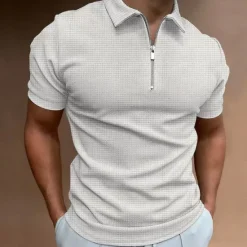 Sale OUKU Male Waffle Polo Shirt Daily Wear Date Turndown Short Sleeves Modern Solid / Plain Color Half Zip Spring & Summer Form Fit Black White Royal Blue Dark Grey Beige Waffle Polo Shirt