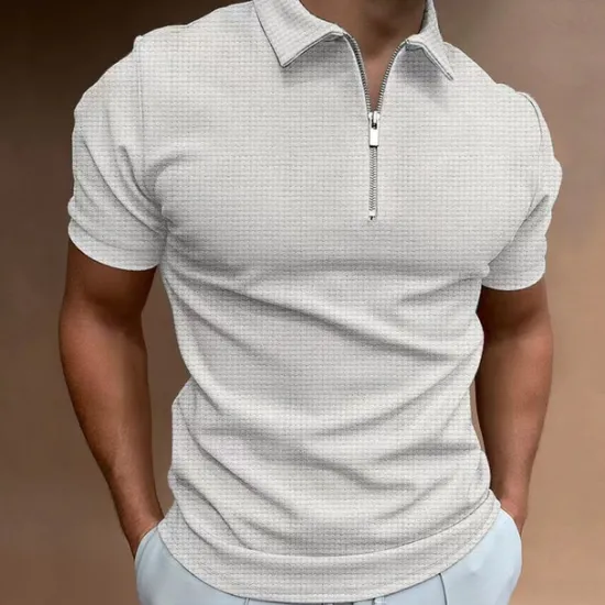 Sale OUKU Male Waffle Polo Shirt Daily Wear Date Turndown Short Sleeves Modern Solid / Plain Color Half Zip Spring & Summer Form Fit Black White Royal Blue Dark Grey Beige Waffle Polo Shirt