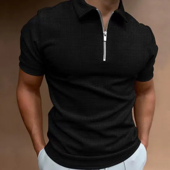 Sale OUKU Male Waffle Polo Shirt Daily Wear Date Turndown Short Sleeves Modern Solid / Plain Color Half Zip Spring & Summer Form Fit Black White Royal Blue Dark Grey Beige Waffle Polo Shirt