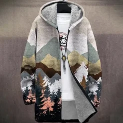 Sale OUKU Men Floral Mountain Winter Coat Fleece Jacket Coat Thermal Warm Comfortable Casual Daily Wear Zipper Pocket 3D Print Fall Winter Hooded Long Sleeve Black Blue Gray