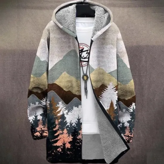 Sale OUKU Men Floral Mountain Winter Coat Fleece Jacket Coat Thermal Warm Comfortable Casual Daily Wear Zipper Pocket 3D Print Fall Winter Hooded Long Sleeve Black Blue Gray