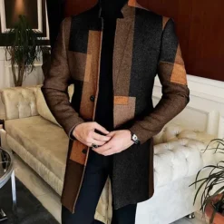 Best OUKU Men Geometric Plaid Overcoat Coat Casual Business Casual Daily 3D Print Buttons Front Pocket Spring Fall Winter Notch Long Sleeve Black Blue Brown