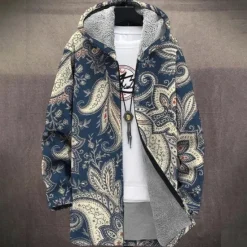 Sale OUKU Men Graphic Geometic Winter Coat Fleece Jacket Coat Thermal Warm Comfortable Casual Daily Wear Zipper Pocket 3D Print Fall Winter Hooded Long Sleeve Red Blue Green