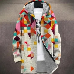 Sale OUKU Men Graphic Geometic Winter Coat Fleece Jacket Coat Thermal Warm Comfortable Casual Daily Wear Zipper Pocket 3D Print Fall Winter Hooded Long Sleeve Red Blue Green