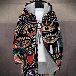 Sale OUKU Men Graphic Winter Coat Fleece Jacket Coat Thermal Warm Comfortable Casual Casual Daily Wear Zipper Pocket 3D Print Fall Winter Hooded Long Sleeve Black Red Brown