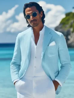 Clearance OUKU Men Linen Blazer Sport Coat Casual Daily Vacation Spring & Summer Cotton And Linen Solid Color Comfy Single Breasted Two-button Blazer White Beige Light Blue