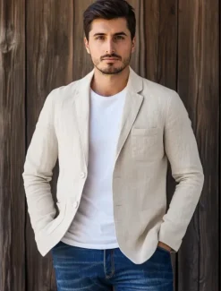 Online OUKU Men Linen Blazer Sport Coat Vacation Casual Fashion Daily Spring & Summer Linen Cotton And Linen Solid Color Comfy Single Breasted Two-button Blazer Beige