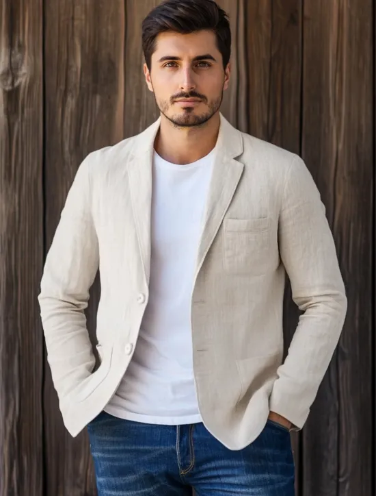 Online OUKU Men Linen Blazer Sport Coat Vacation Casual Fashion Daily Spring & Summer Linen Cotton And Linen Solid Color Comfy Single Breasted Two-button Blazer Beige