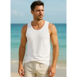 Clearance OUKU Men Sleeveless Round Summer Solid Color Vacation Daily Casual Plain Outdoor Vacation Home White Light Blue Top Tee for Men