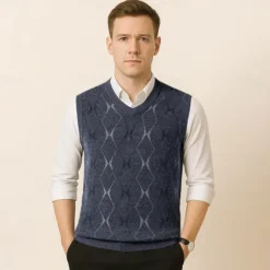 Hot OUKU Men Sweater Vest Knit Geometric V Neck Smart Casual Formal Vacation Clothing Apparel Spring Autumn Wine Dark Green S M L
