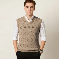 Hot OUKU Men Sweater Vest Knit Geometric V Neck Smart Casual Formal Vacation Clothing Apparel Spring Autumn Wine Dark Green S M L