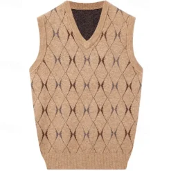 Hot OUKU Men Sweater Vest Knit Geometric V Neck Smart Casual Formal Vacation Clothing Apparel Spring Autumn Wine Dark Green S M L