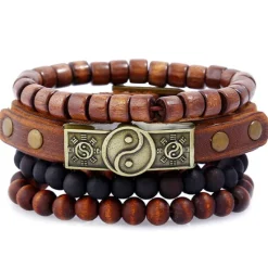 Hot OUKU Men Women 4pcs Cuff Links Bead Bracelet Leather Bracelet Gift Daily Retro Fashion European Brown