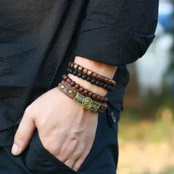 Hot OUKU Men Women 4pcs Cuff Links Bead Bracelet Leather Bracelet Gift Daily Retro Fashion European Brown