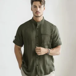 New OUKU Men's 100% Cotton Collarless Shirt Black White Light Grey Army Green Beige Short Sleeve Tab Solid Color Standing Collar School Formal Buttons Clothing Apparel Elegant Vacation Vintage Tropical