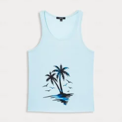 New OUKU Men's 100% Cotton 3D Print Tank Top Graphic Fashion Outdoor Casual Vest Top Undershirt Street Casual Daily T shirt White Blue Sleeveless Crew Neck Shirt Spring & Summer Clothing Apparel