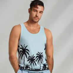 OUKU Men's 100% Cotton Graphic Tank Top Casual Vest Top Coconut Tree Fashion Hawaiian Undershirt Street Daily Beach T shirt White Blue Short Sleeve Crew Neck Shirt Spring & Summer Clothing Apparel
